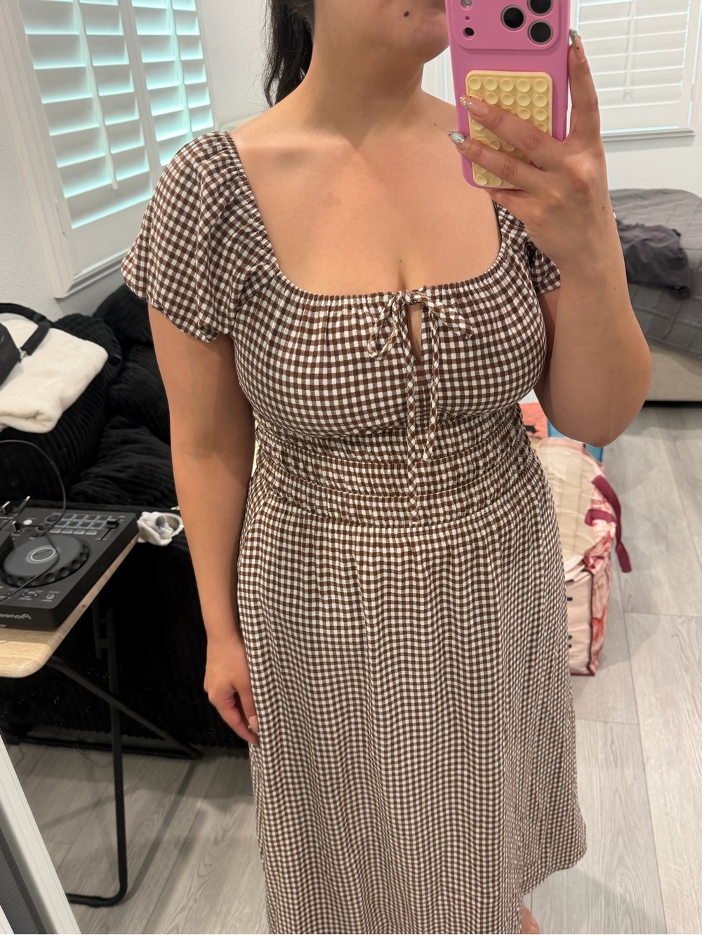 Brown Gingham Tie-Front Midi Dress